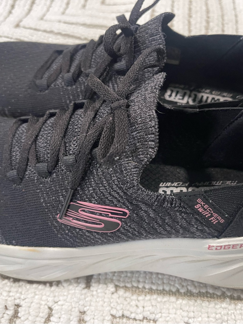Skechers Women's Black Knit Lace-Up Sneakers with Pink Logo Accents